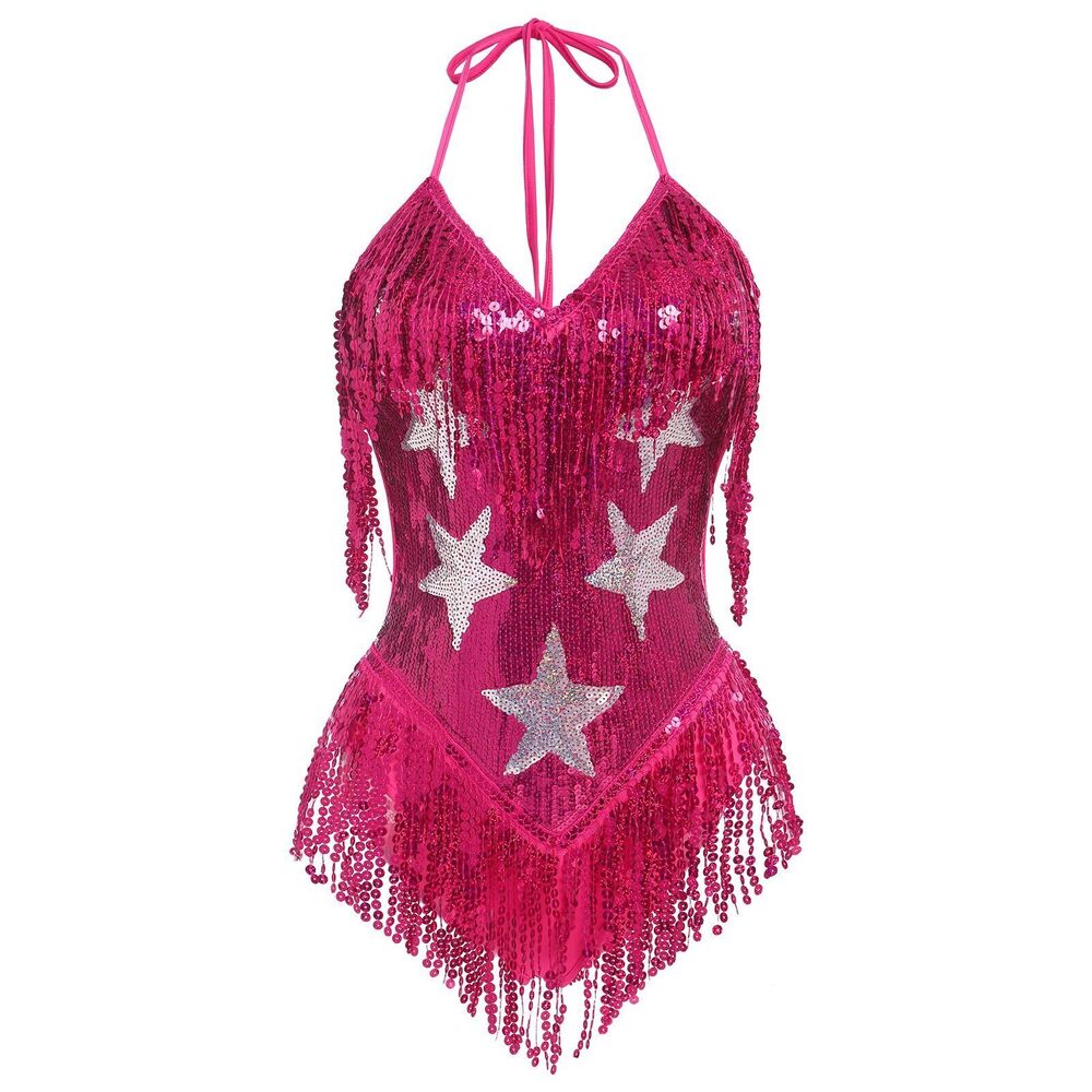 7599 Rave Outfits Music Festival Sexy Backless V Neck Star Sequins Tassel